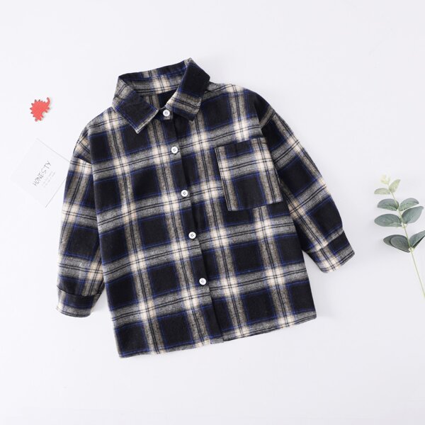 

Toddler Girls Plaid Print Button Up Pocket Patched Coat, Multicolor