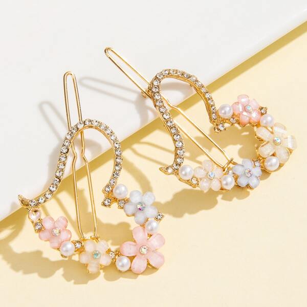 

2pcs Flower & Heart Decor Hair Clip, Multicolor