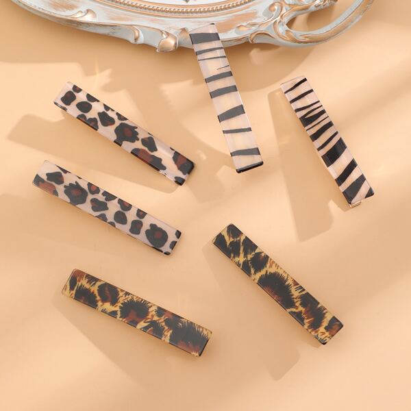 

6pcs Leopard Print Geometric Hair Clip, Multicolor