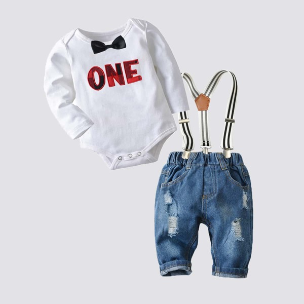 

Baby Letter Graphic Bow Bodysuit & Ripped Denim Overalls, Blue and white