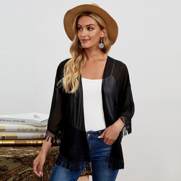 

Fringe Hem Open Front Kimono, Black
