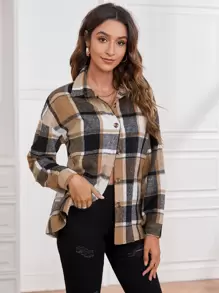 SHEIN LUNE Plaid Print Drop Shoulder Shirt - Multicolor - View 3
