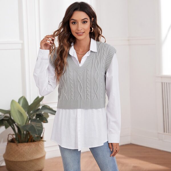

Cable Knit Sweater Vest Without Blouse, Light grey