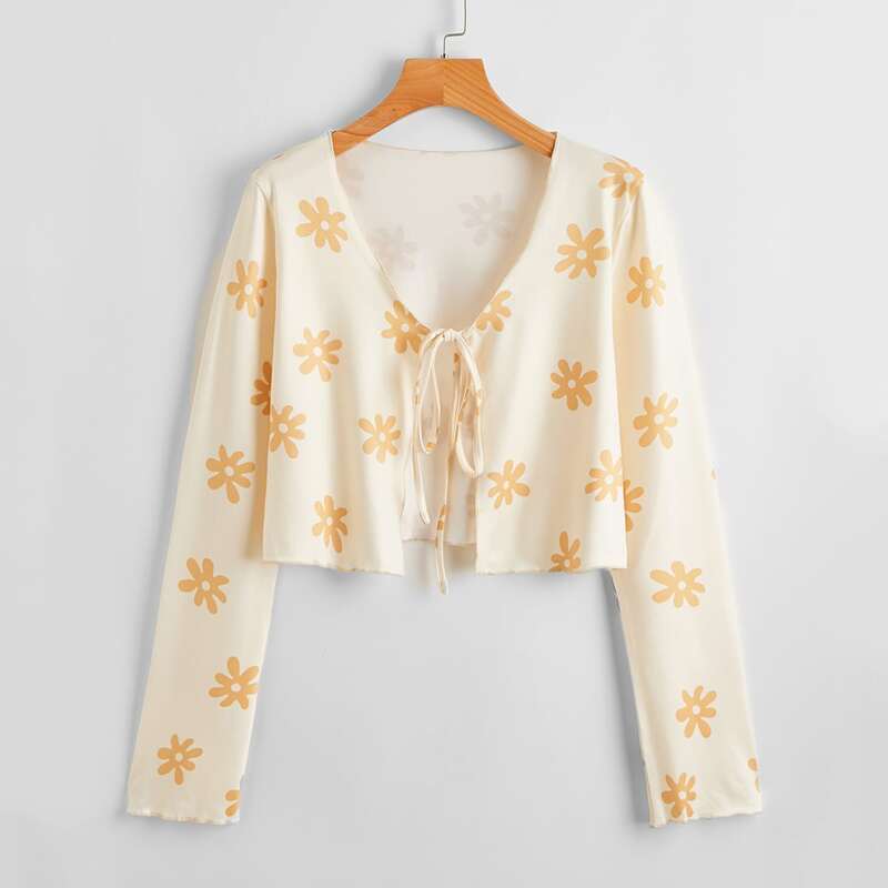 

Floral Print Tie Front Crop Top, Apricot