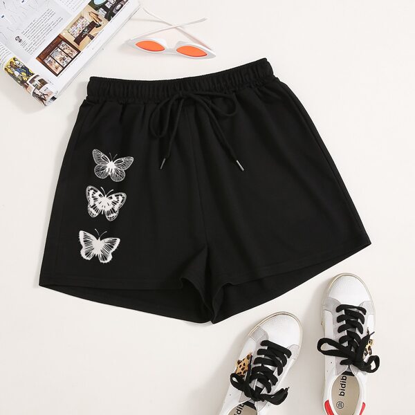 

Butterfly Print Drawstring Waist Track Shorts, Black