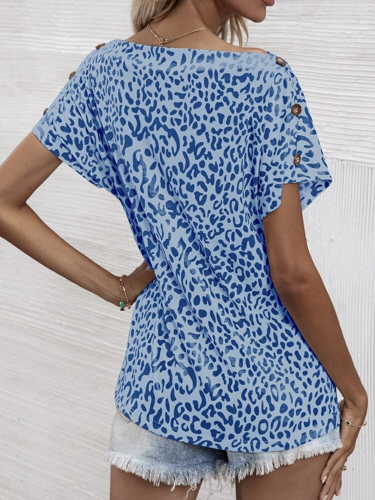 Allover Print Boat Neck Button Detail Tee - Blue - View 2