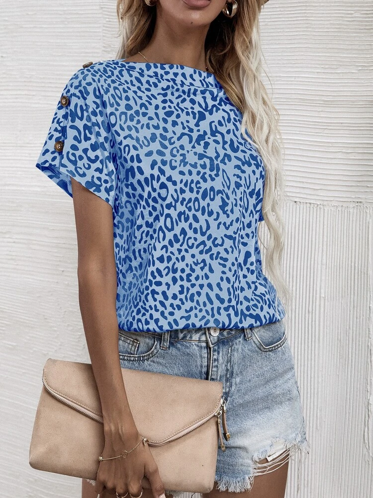 Allover Print Boat Neck Button Detail Tee - Blue - View 4