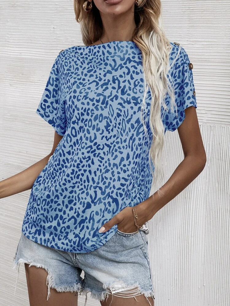 Allover Print Boat Neck Button Detail Tee - Blue - View 5