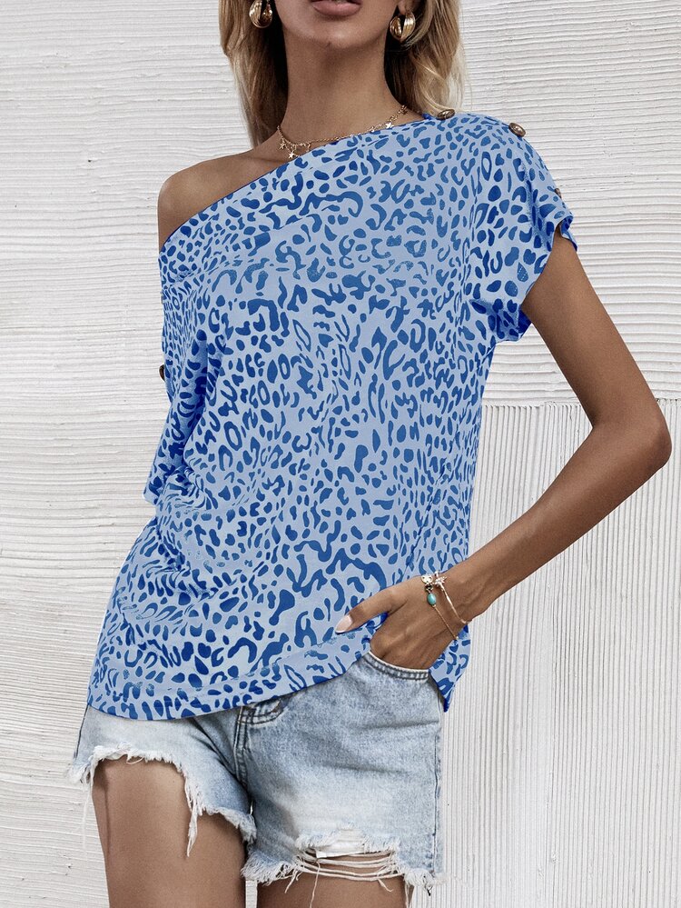 Allover Print Boat Neck Button Detail Tee - Blue - View 6