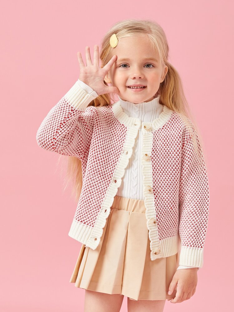 Young Girl Allover Pattern Scallop Trim Button Front Cardigan