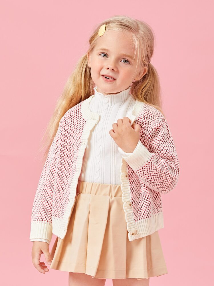 Young Girl Allover Pattern Scallop Trim Button Front Cardigan