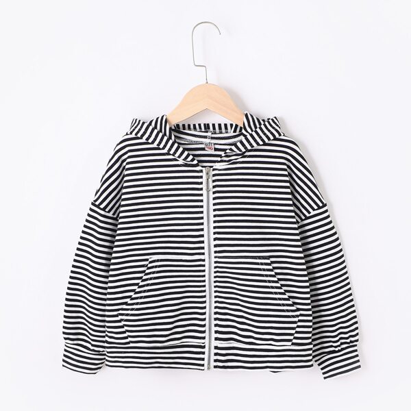 

Girls Striped Kangaroo Pocket Zip-up Hoodie, Black and white
