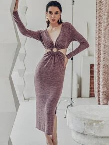 Zolique Cut Out Deep V Neck Split Hem Fitted Dress - Red Violet - View 1