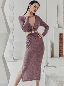 Zolique Cut Out Deep V Neck Split Hem Fitted Dress - Red Violet - View 4