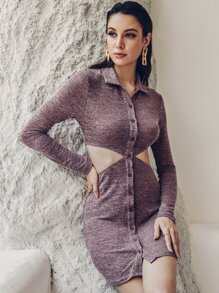 Zolique Marled Knit Cut Out Waist Button Through Bodycon Dress Fall Cloth For Women