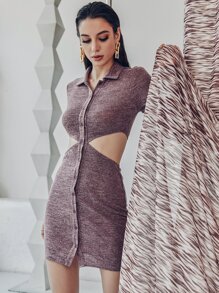 Zolique Marled Knit Cut Out Waist Button Through Bodycon Dress Fall Cloth For Women