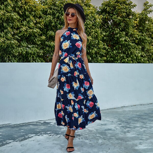 

Floral Print Ruffle Hem Belted Halter Dress, Multicolor