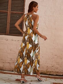 SHEIN VCAY Tropical Print Tie Front Halter Dress - Multicolor - View 2