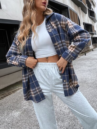 格紋印花落肩袖花呢外套