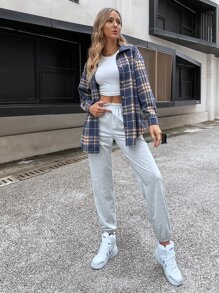 格紋印花落肩袖花呢外套 - 彩色 - 查看 6