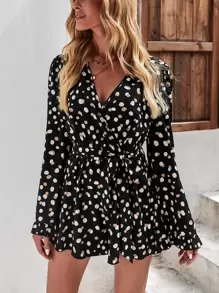 SHEIN Unity Allover Print Flounce Sleeve Belted Romper - Black - View 1