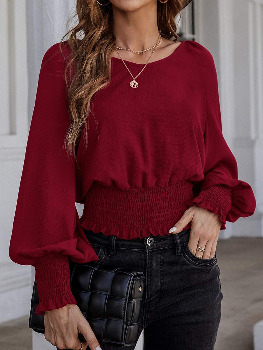 SHEIN Clasi Solid Bishop Sleeve Shirred Blouse - Burgundy - View 1