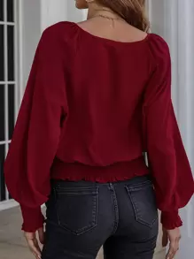 SHEIN Clasi Solid Bishop Sleeve Shirred Blouse - Burgundy - View 2