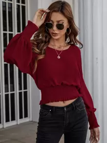 SHEIN Clasi Solid Bishop Sleeve Shirred Blouse - Burgundy - View 3