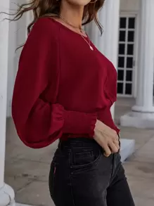 SHEIN Clasi Solid Bishop Sleeve Shirred Blouse - Burgundy - View 5