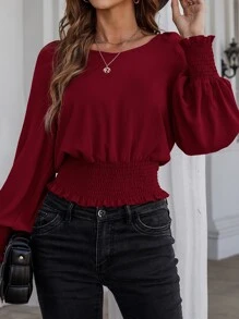 SHEIN Clasi Solid Bishop Sleeve Shirred Blouse - Burgundy - View 6
