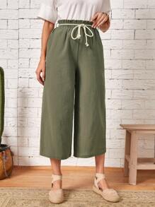 EMERY ROSE 紙袋腰腰帶闊腿褲 - 軍綠色 - 查看 2