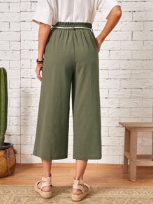EMERY ROSE 紙袋腰腰帶闊腿褲 - 軍綠色 - 查看 3