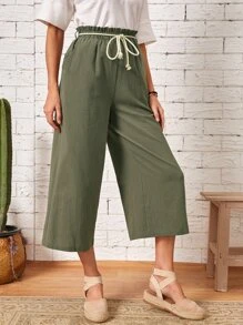 EMERY ROSE 紙袋腰腰帶闊腿褲 - 軍綠色 - 查看 4