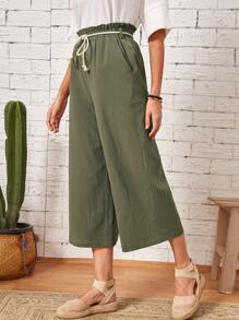 EMERY ROSE 紙袋腰腰帶闊腿褲 - 軍綠色 - 查看 1