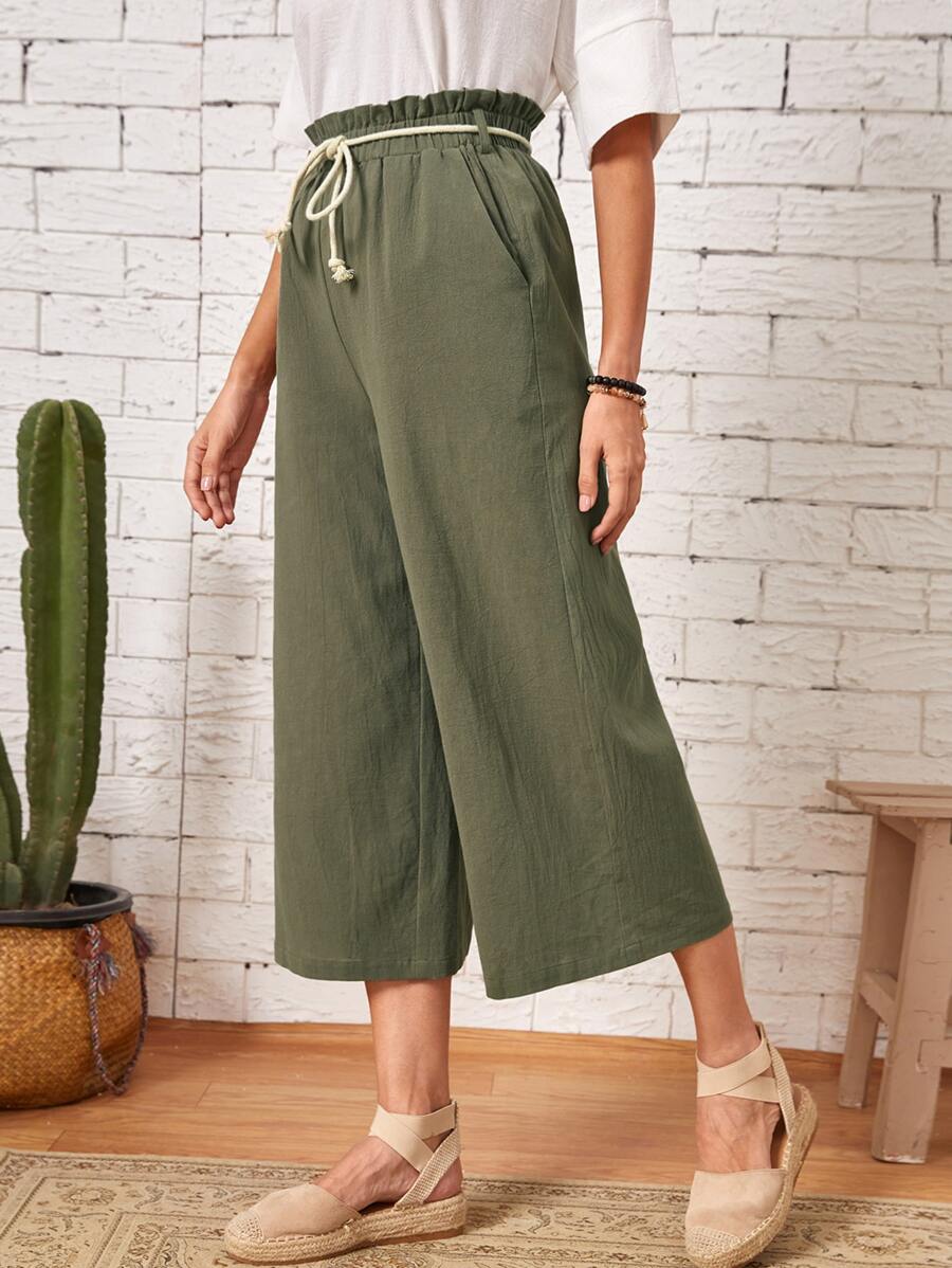 EMERY ROSE 紙袋腰腰帶闊腿褲 - 軍綠色 - 查看 1