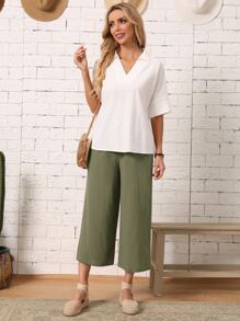 EMERY ROSE 紙袋腰腰帶闊腿褲 - 軍綠色 - 查看 5