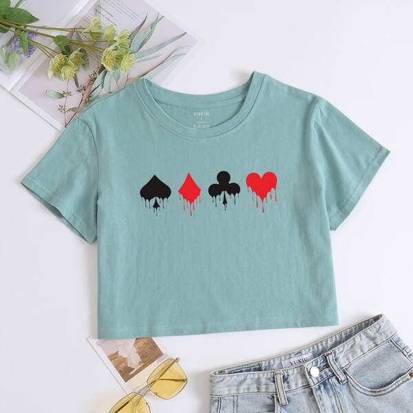 

Playing Card Print Crop Tee, Cadet blue