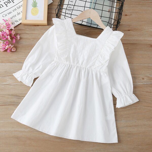 

Toddler Girls Ruffle Trim Flounce Sleeve Babydoll Dress, White