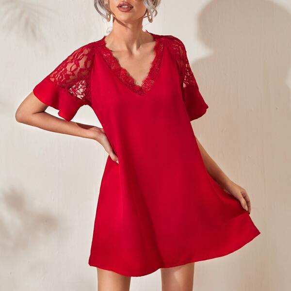 

Lace Trim and Sleeve Dress, Red