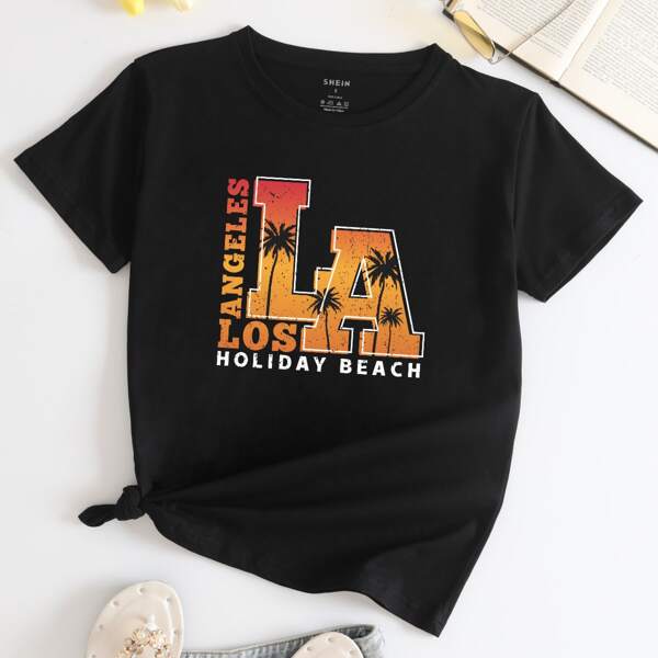 

Letter & Tropical Print T-Shirt, Black