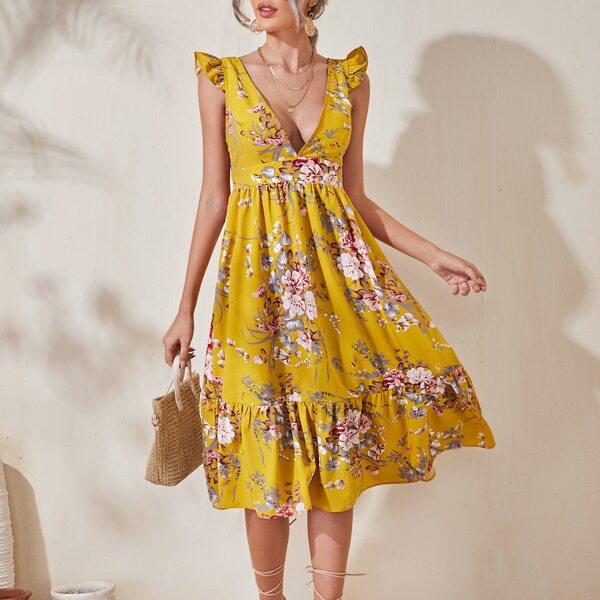 

Ruffle Trim Tied Open Back Floral Dress, Yellow