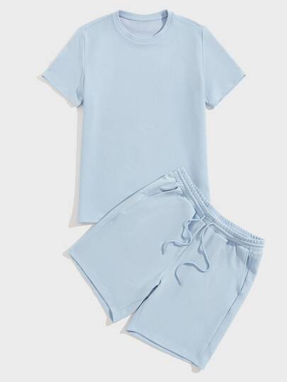 Guys Solid Tee & Tie Waist Shorts Set