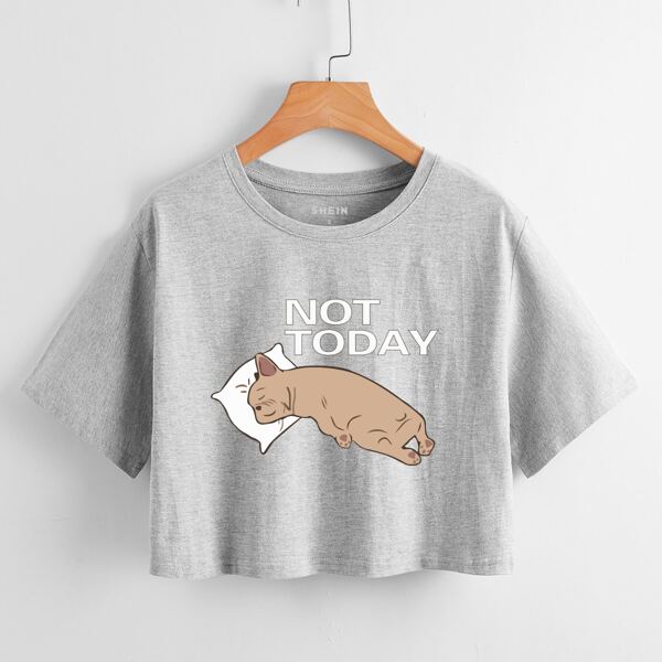 

Cartoon And Slogan Graphic Tee, Light grey