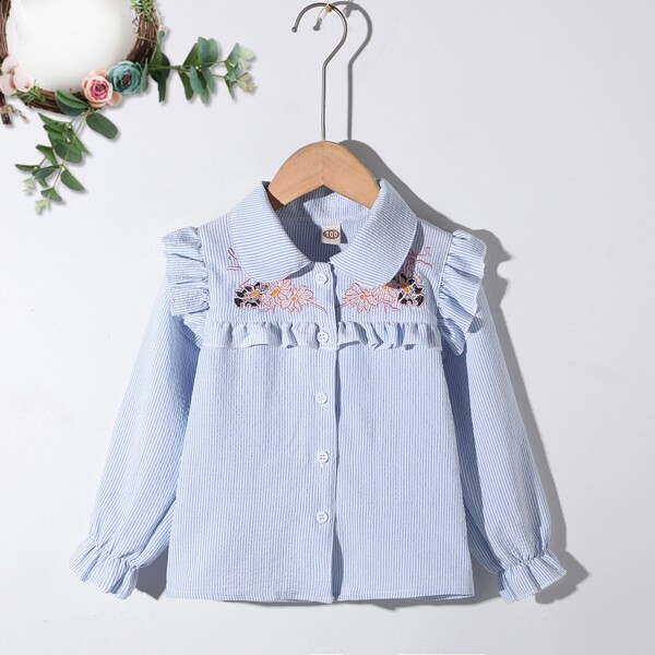 

Toddler Girls Floral Embroidery Ruffle Trim Flounce Sleeve Blouse, Blue and white