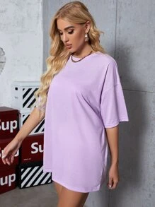 SHEIN EZwear Camiseta larga amplia de hombros caídos - Lila Púrpura - Ver 4