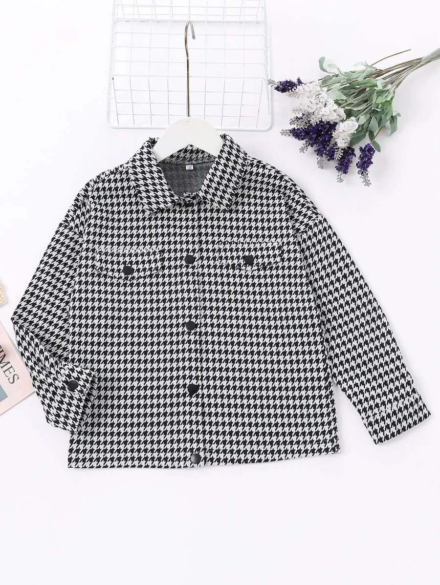 Boys Houndstooth Flap Detail Drop Shoulder Coat - Black and White - View 1