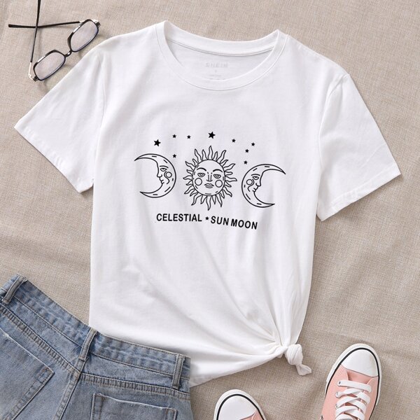 

Sun & Moon Letter Print Round Neck Tee, White