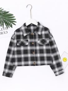 Girls Plaid Print Drop Shoulder Jacket - Black and White - View 1