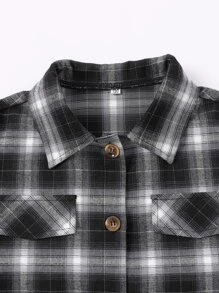 Girls Plaid Print Drop Shoulder Jacket - Black and White - View 3