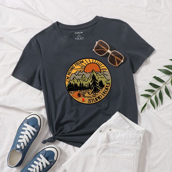 

Slogan Graphic Round Neck Tee, Dark grey